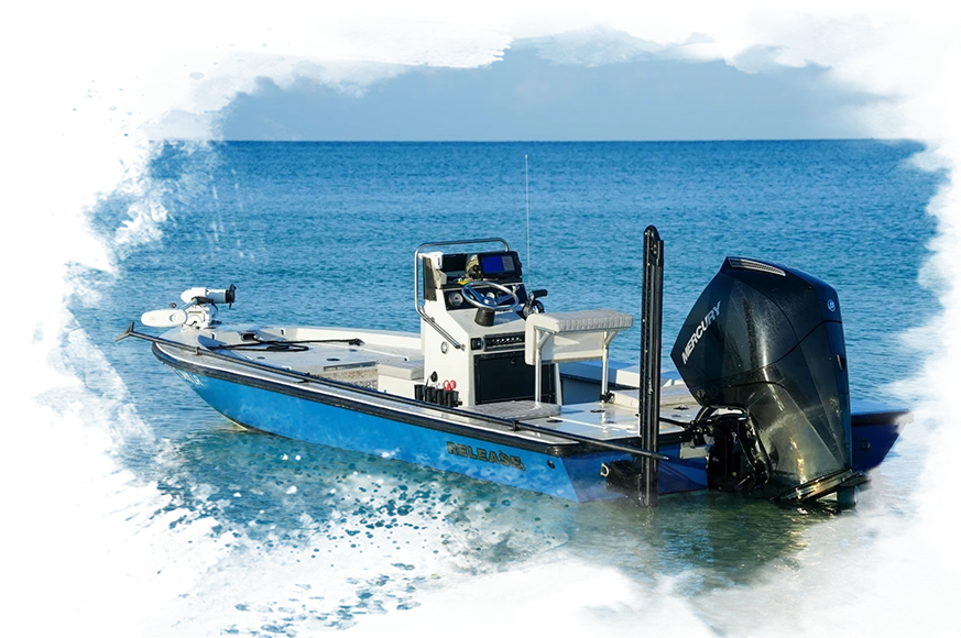 A boat with two large outboards in the water.