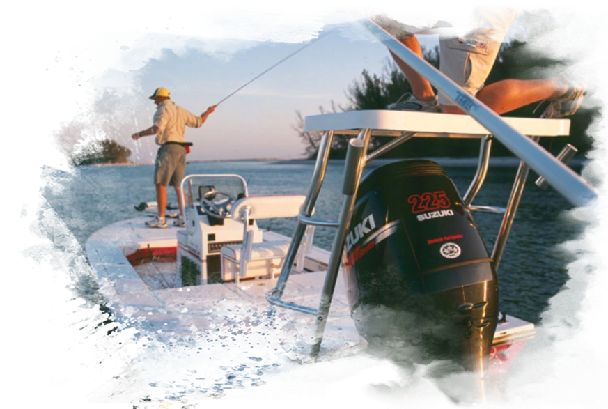 A man is fishing on the boat while another person watches.