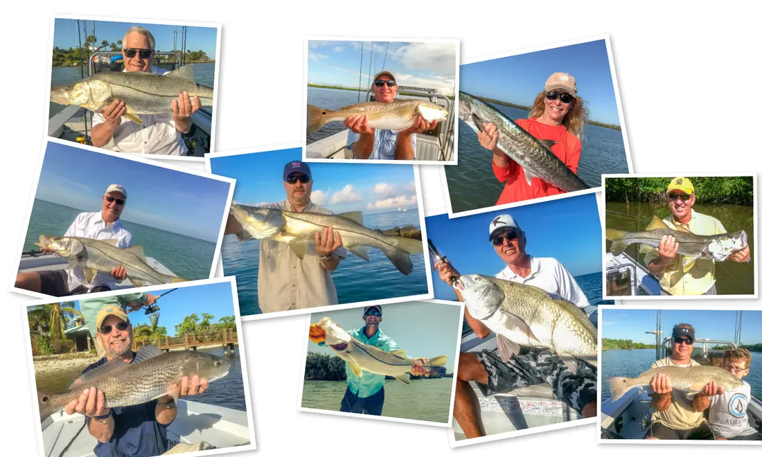 A collage of people holding fish on the water.